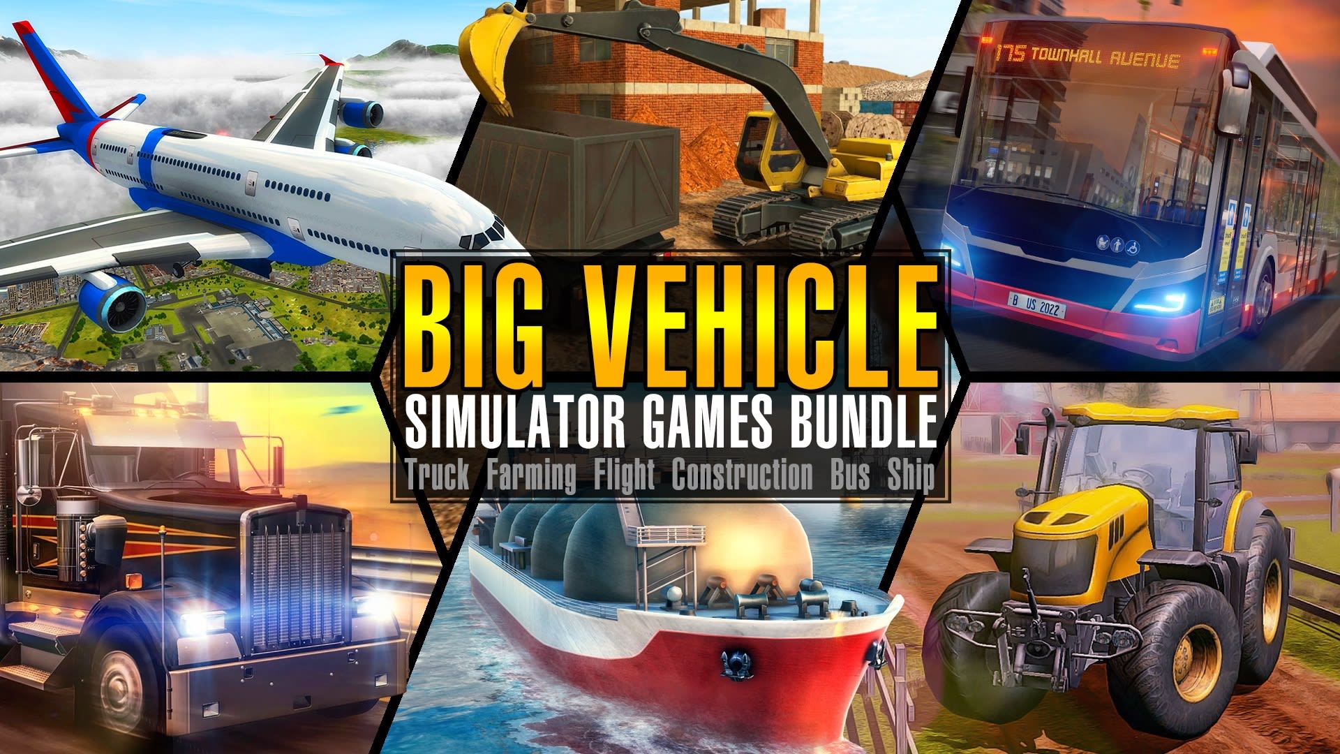 Big Vehicle Simulator Games Bundle - Truck Farming Flight Construction Bus Ship