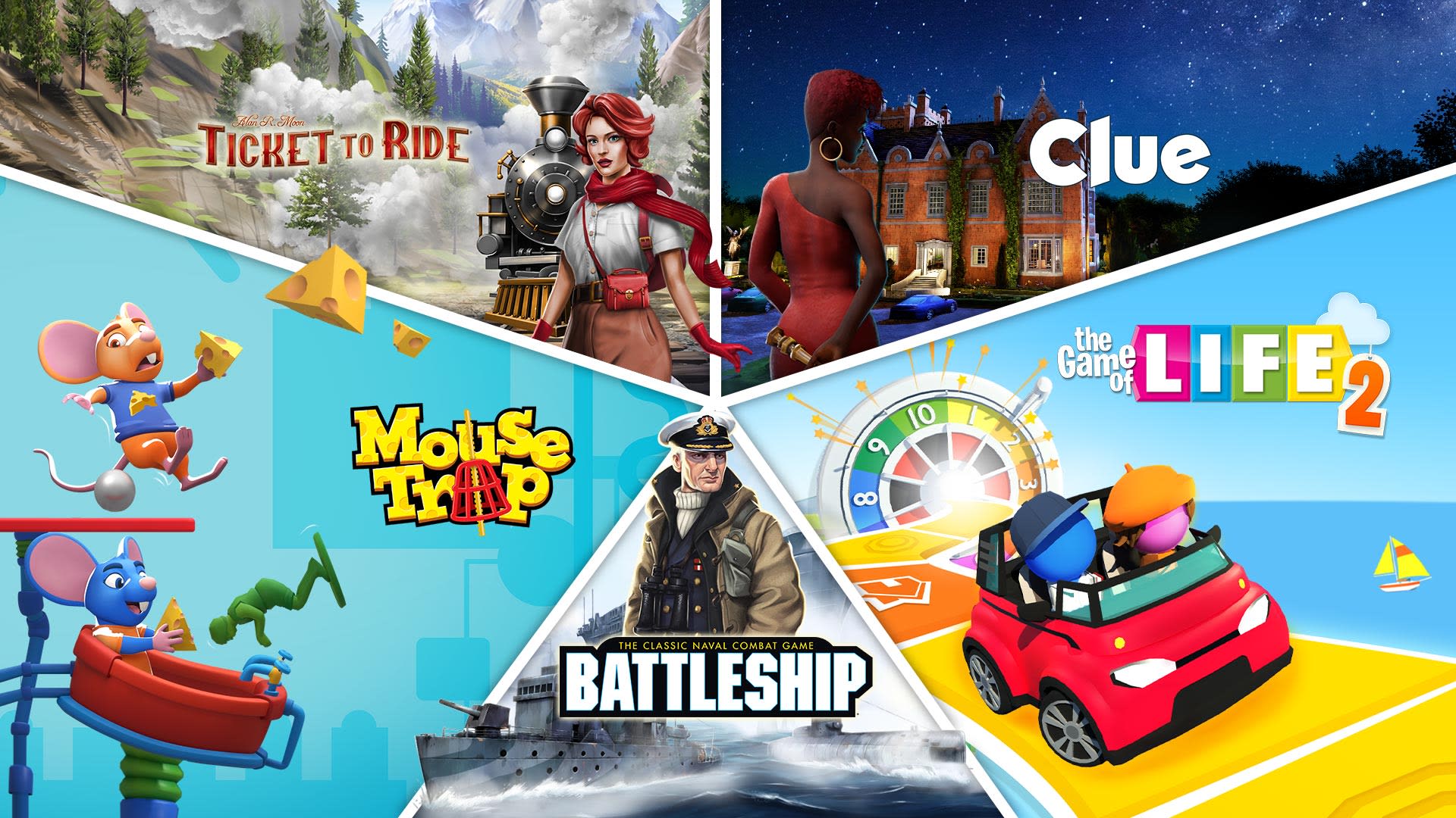 Classic Board Game Bundle - Ticket to Ride, Clue, Mouse Trap, Battleship and The Game of Life 2