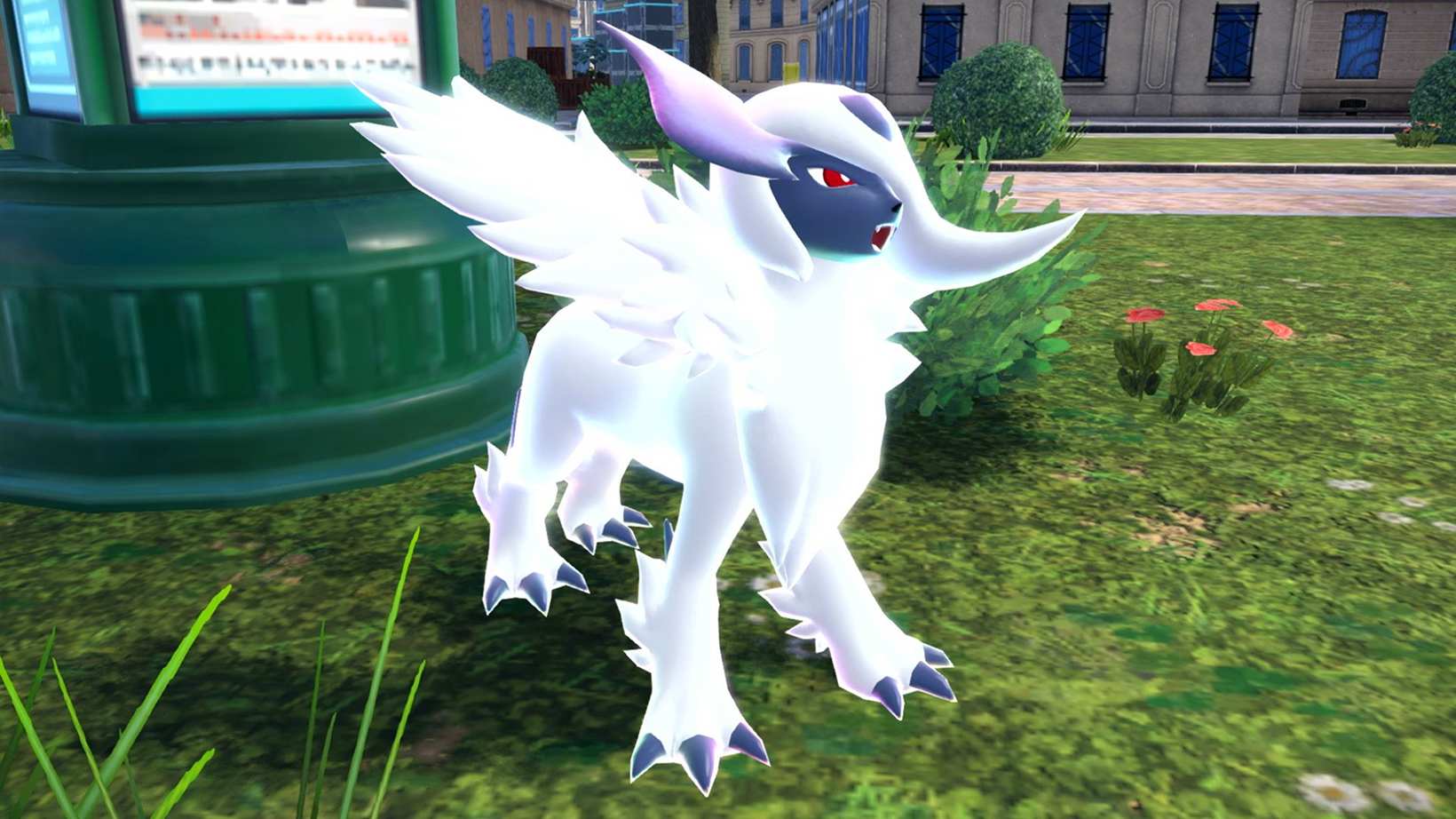Mega Absol stands in a Lumiose City park during Pokémon Legends Z-A's Rogue Mega Evolution storyline.