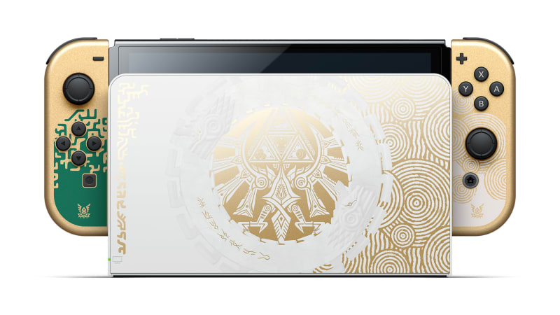 Glossy white dock with Hylian illustrations - On the surface of the glossy white dock, symbols featured in the Legend of Zelda: Tears of the Kingdom game are displayed in gold along with the Hylian Crest.