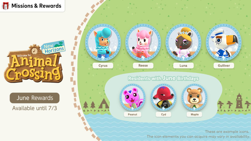 Missions and Rewards Animal Crossing birthday icons for June