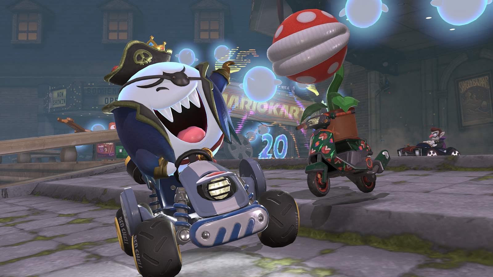 King Boo ใช้ไอเทมระหว่างการแข่งขันในภาพประกอบเส้นทาง Propeller Rally