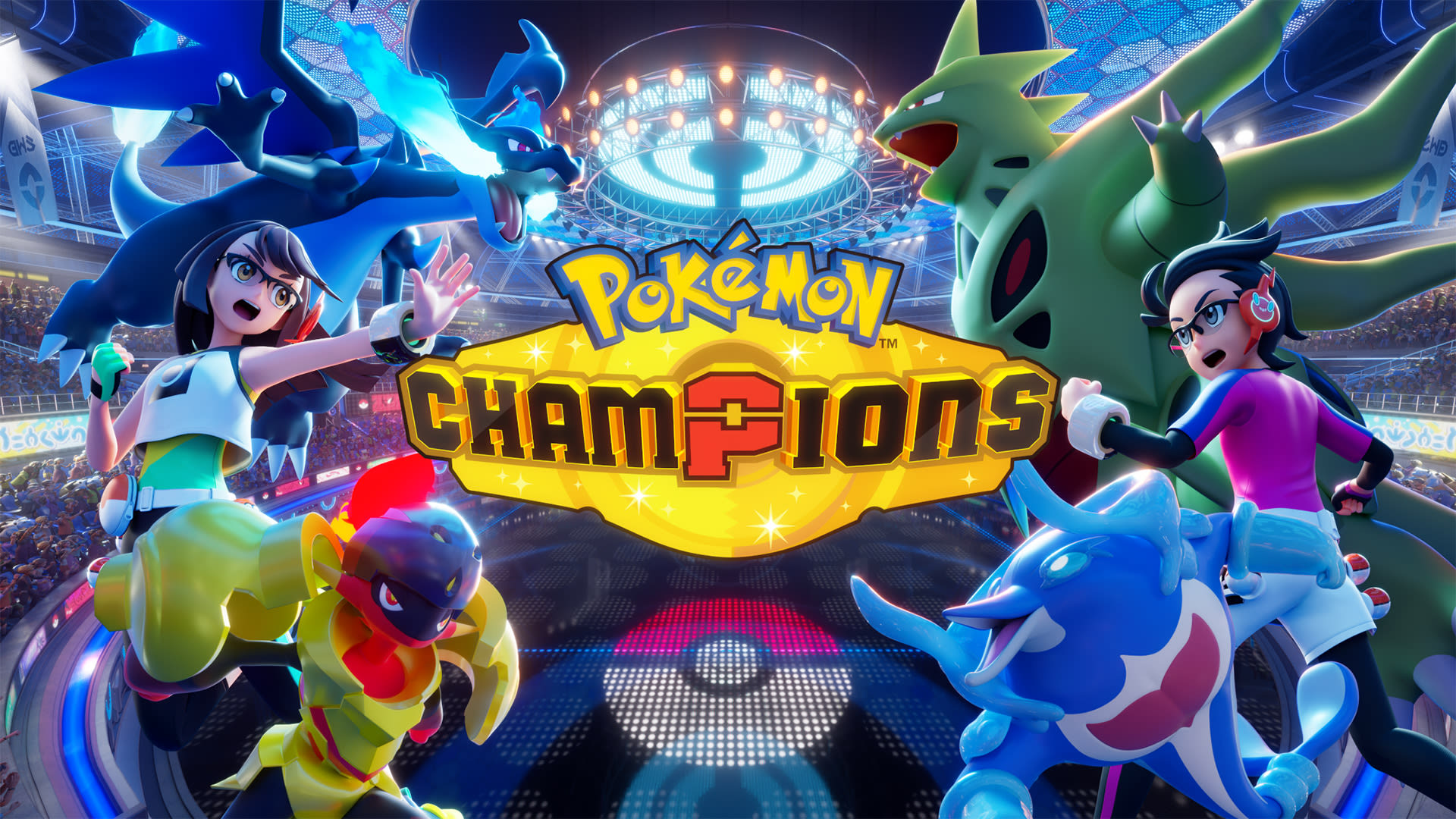 Key art oficial de Pokémon Champions com Treinadores e Pokémon em uma arena