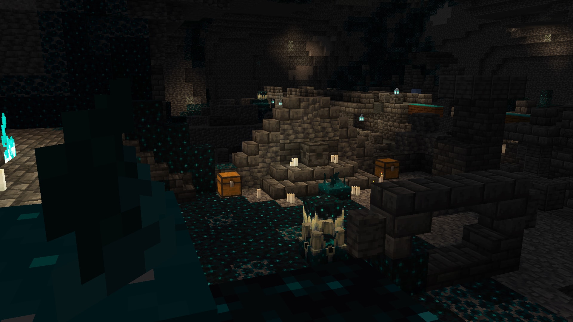 A dark Ancient City structure in Minecraft's Deep Dark biome, lit by candles and glowing Sculk patches