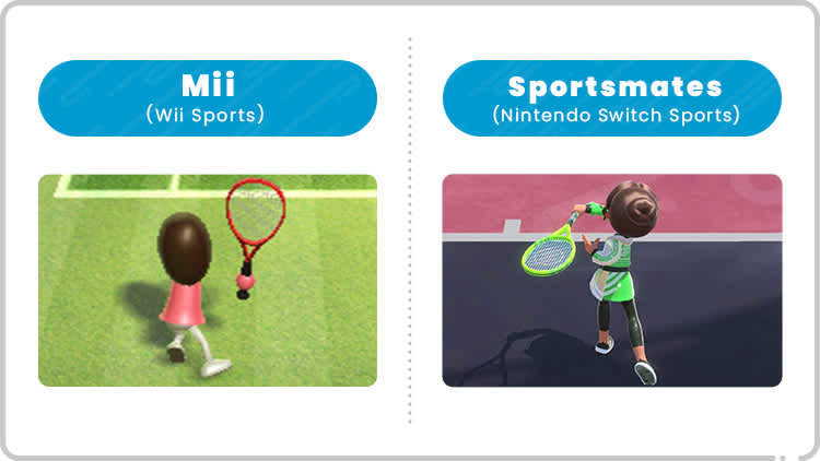 Side by side: a Mii playing tennis in Wii Sports, and a Sportsmate playing tennis in Nintendo Switch Sports