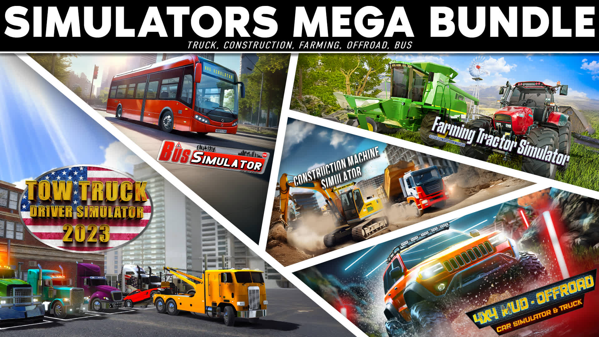 Copertina di SIMULATORS MEGA BUNDLE - Truck, Construction, Farming, Offroad, Bus