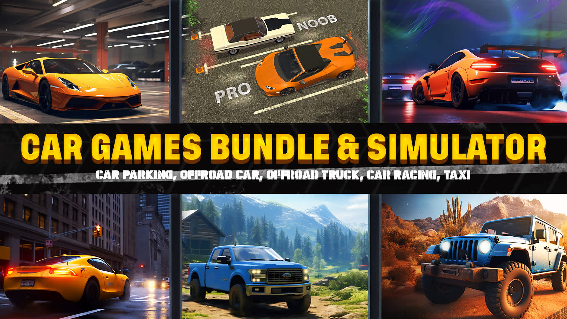 Copertina di CAR GAMES BUNDLE & SIMULATOR - CAR PARKING, OFFROAD CAR, OFFROAD TRUCK, CAR RACING, TAXI