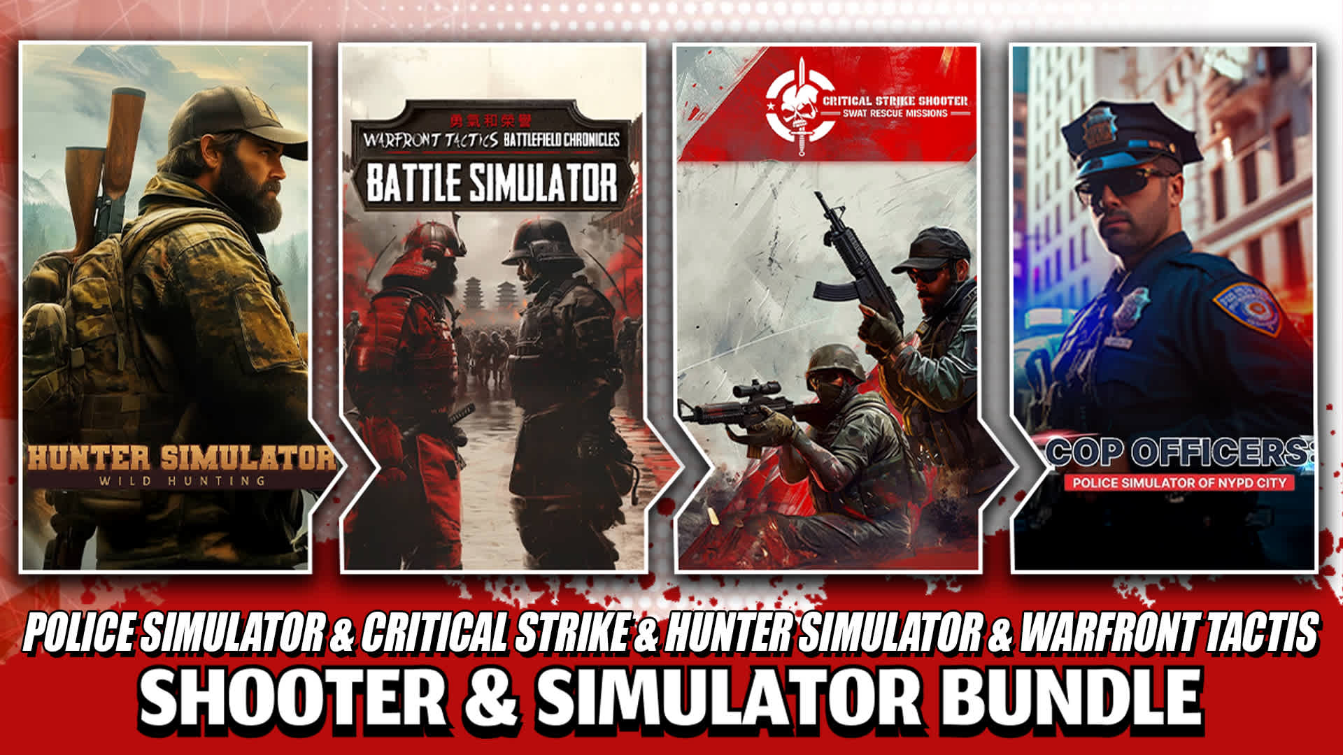 Copertina di POLICE SIMULATOR & CRITICAL STRIKE & HUNTER SIMULATOR & WARFRONT TACTIS (SHOOTER & SIMULATOR BUNDLE)