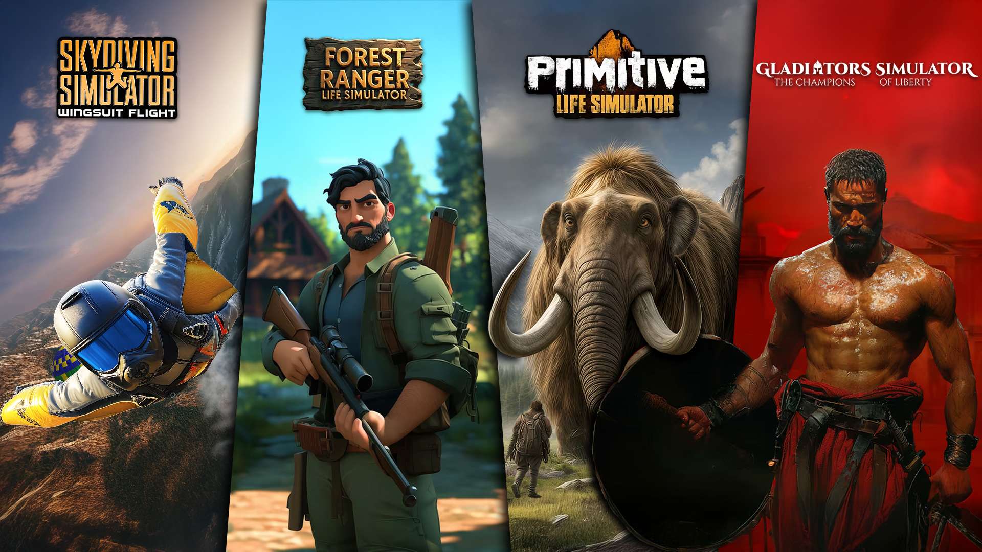 Copertina di MEGA SIMULATOR BUNDLE - Forest Ranger Life Simulator / Primitive Life Simulator / Gladiators Simulator: The Champions of Liberty / Skydiving Simulator: Wingsuit Flight