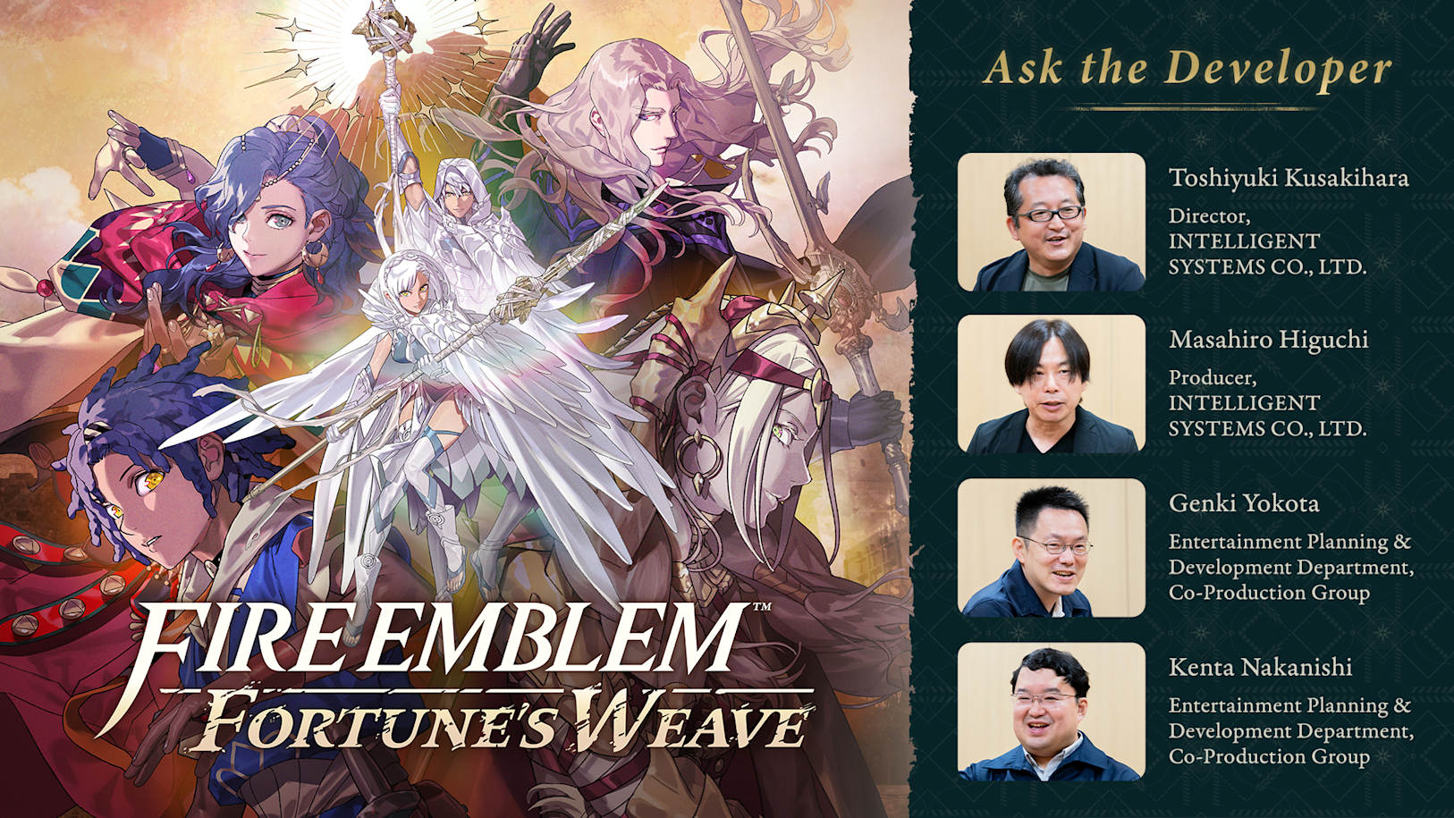 Arte de Fire Emblem: Fortune’s Weave junto a los cuatro responsables entrevistados por Nintendo