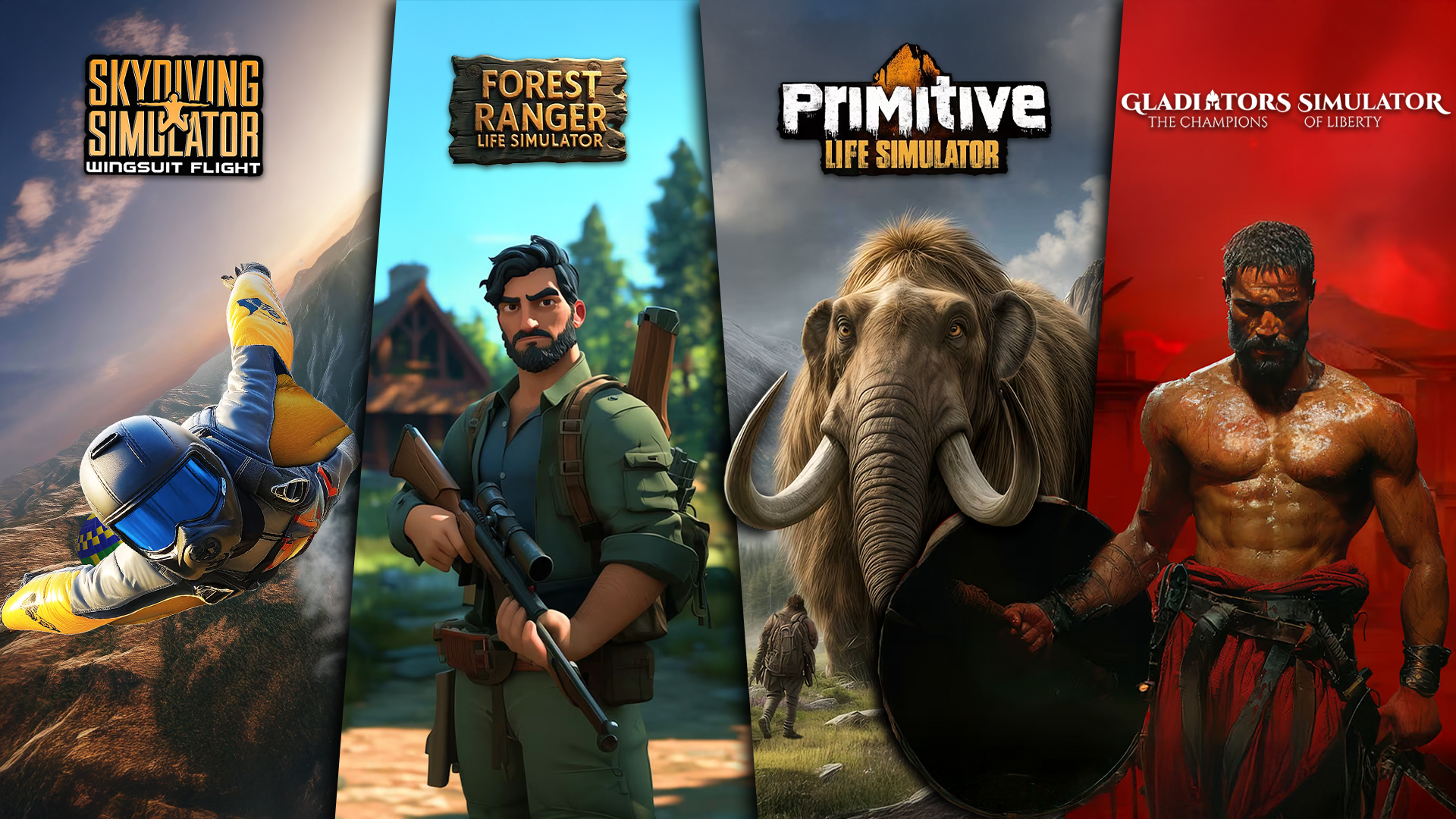 MEGA SIMULATOR - Forest Ranger Life Simulator / Primitive Life Simulator / Gladiators Simulator: The Champions of Liberty / Skydiving Simulator: Wingsuit Flight