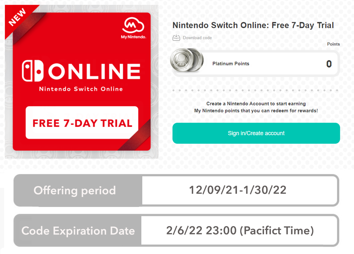 You can now get a free 7-day trial of Switch Online without using any My Nintendo Platinum Points January 30 at 11:59 p.m. PT, trial be used to access