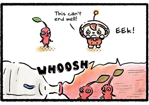 Panel two. A Red Pikmin and a horrified newbie Rescue Officer watch as a Fiery Blowhog spews fire at two other Red Pikmin. "Eek," cries the Rescue Officer. Then she adds, "This can't end well!"