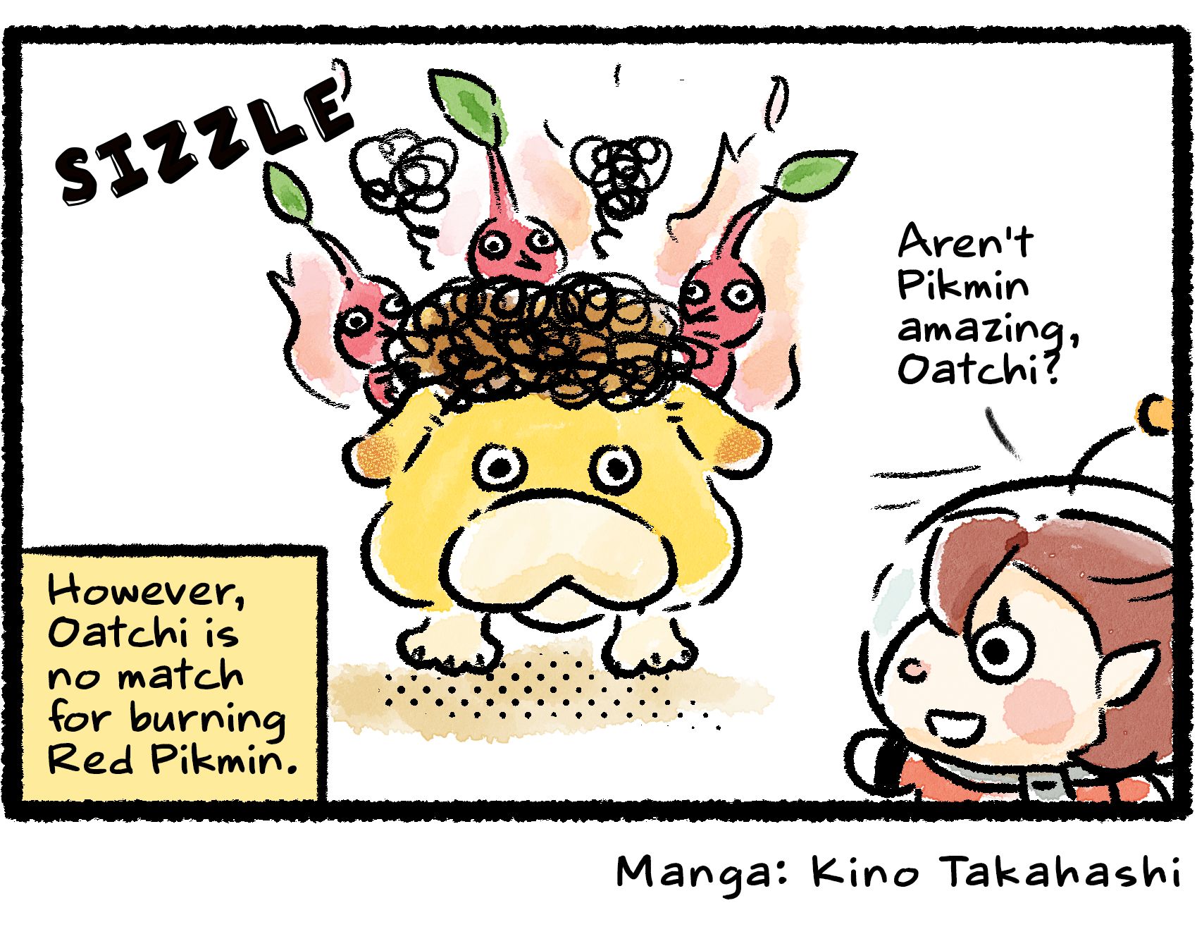 Panel four. Oatchi carries three flaming-hot Pikmin on his back, his fur sizzles under the heat. The officer asks, "Aren't Pikmin amazing, Oatchi?" Sweat falls from Oatchi's brow. The narrator comments, However, Oatchi is no match for burning Red Pikmin.