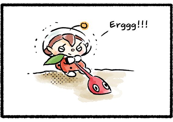 Panel two. The Rescue Officer pulls on the red stem with all of her strength and groans, "Errrg!!!" A Red Pikmin's head emerges from the dirt, its eyes full of confusion and alarm.