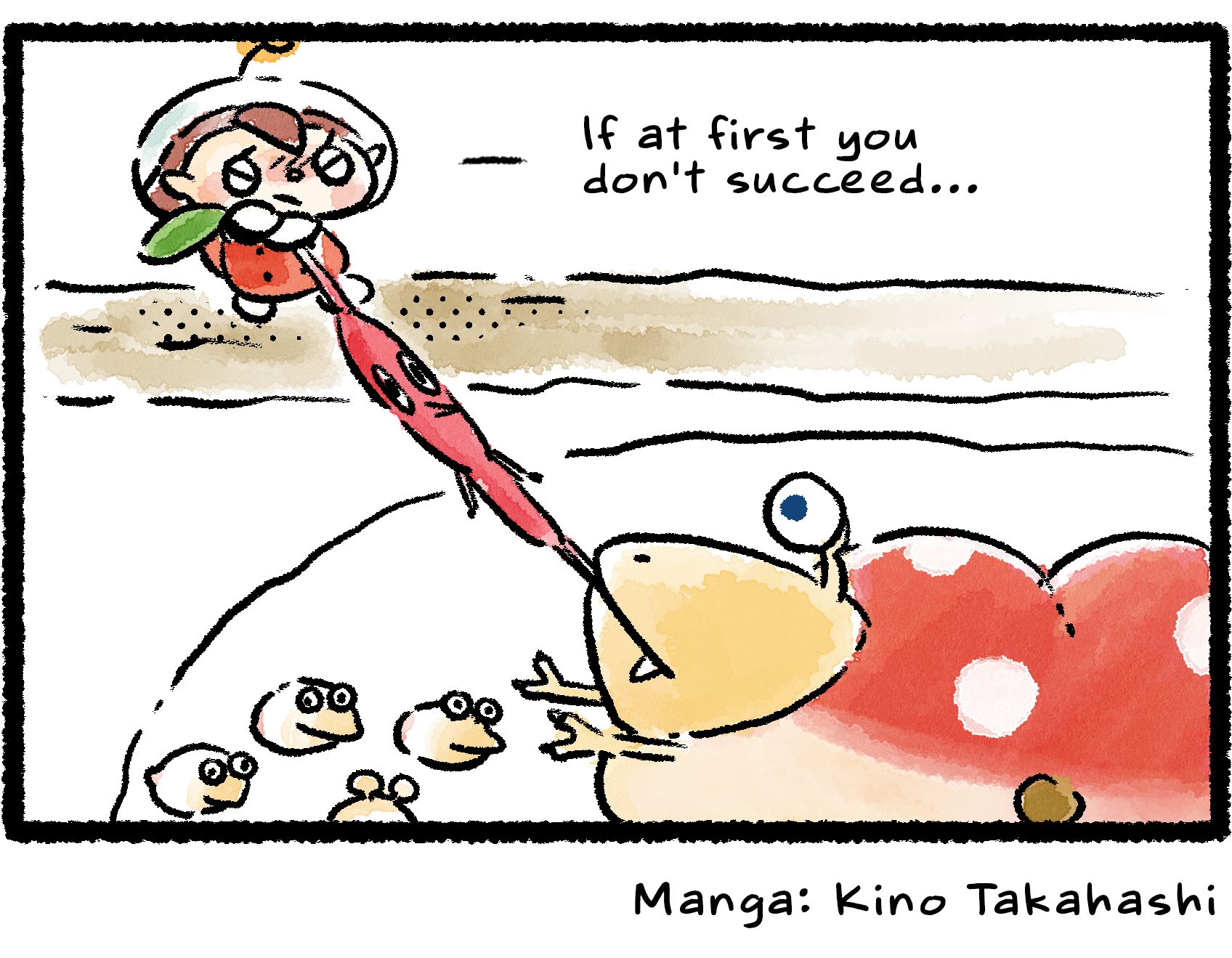 Panel four. The Rescue Officer pulls on the Red Pikmin's stem with her strength. The Red Pikmin's body is stretched thin because underground an Empress Bulborb, surrounded by her larvae, pulls on the Pikmin's legs. It's a high-stakes tug-of-war!