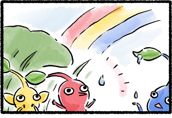 Panel one. A rain shower has recently passed. A Yellow Pikmin, Red Pikmin, and Blue Pikmin look at the clear sky and are delighted to spot a rainbow up above.
