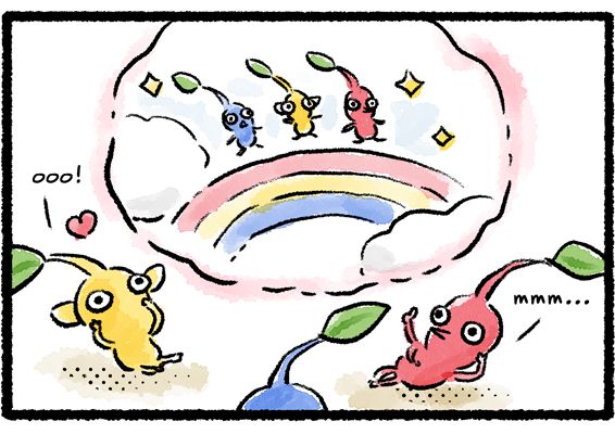 Panel two. All three Pikmin sit back and fantasize about crossing the rainbow together. The Yellow Pikmin goes, "Ooo!" The Red Pikmin emits an "mmm..."
