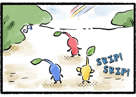 Panel three. No longer fantasizing, the three Pikmin skip joyfully toward the rainbow.
