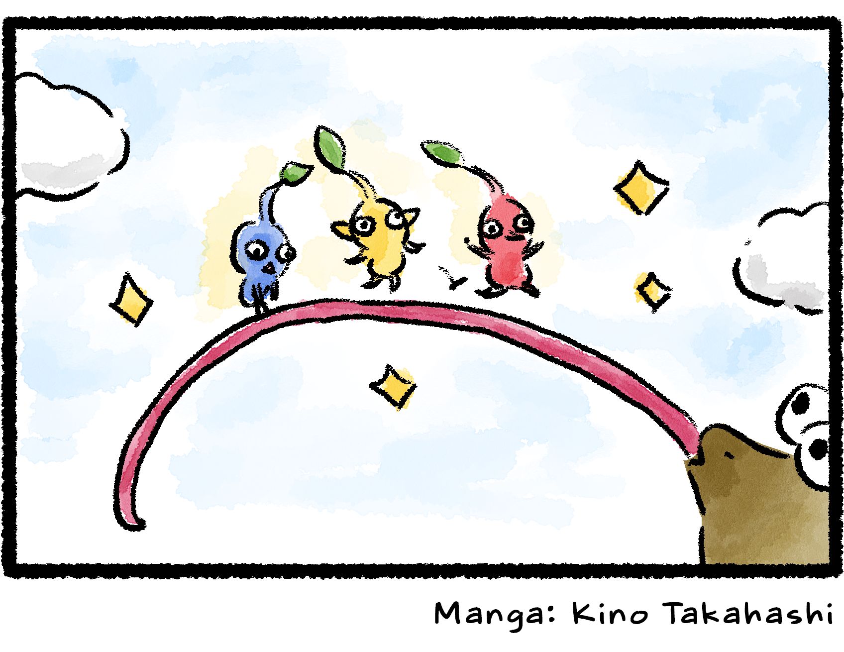 Now atop the rainbow, the Red Pikmin and Yellow Pikmin hum as they continue to skip down the other side. Could the Pikmin be realizing that it's actually skipping along a Bulborb's red tongue, heading directly toward its mouth? Because it is.