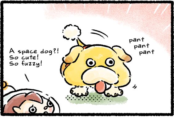 The Rescue Officer gazes at Oatchi, a yellow canine creature, wagging its cotton-ball tail. Perched atop his two legs, and his tongue is out as he pants happily. Oatchi doesn't appear to have a nose. The officer says, "A space dog?! So cute! So fuzzy!"