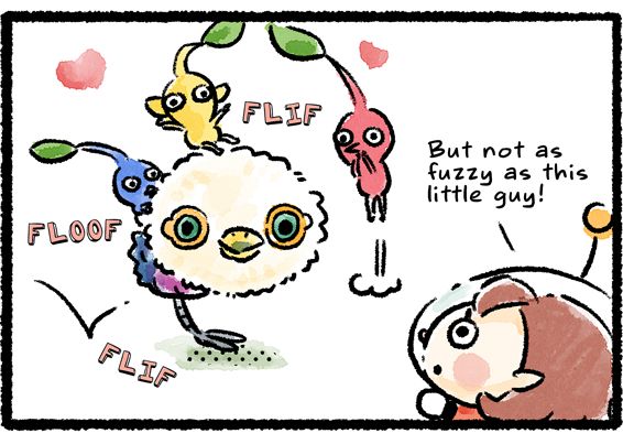 Panel three. A Downy Snagret appears, and the Pikmin are immediately charmed by its soft and cuddly appearance. They hop onto the baby-bird-like creature. The Rescue Officer exclaims, "But not as fuzzy as this little guy!"
