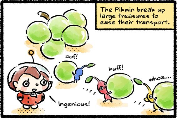 Panel one. Rescue Officer watches as a Yellow Pikmin, Red Pikmin, and Blue Pikmin pluck Dawn Pustules (aka green grapes) off of a nearby clump, to be collected as treasure. The Pikmin huff and puff as they go. The officer remarks, "Ingenious!" 