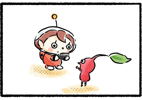 Panel three. A Red Pikmin stops in front of the officer and hands her one of the seeds. She examines it closely.