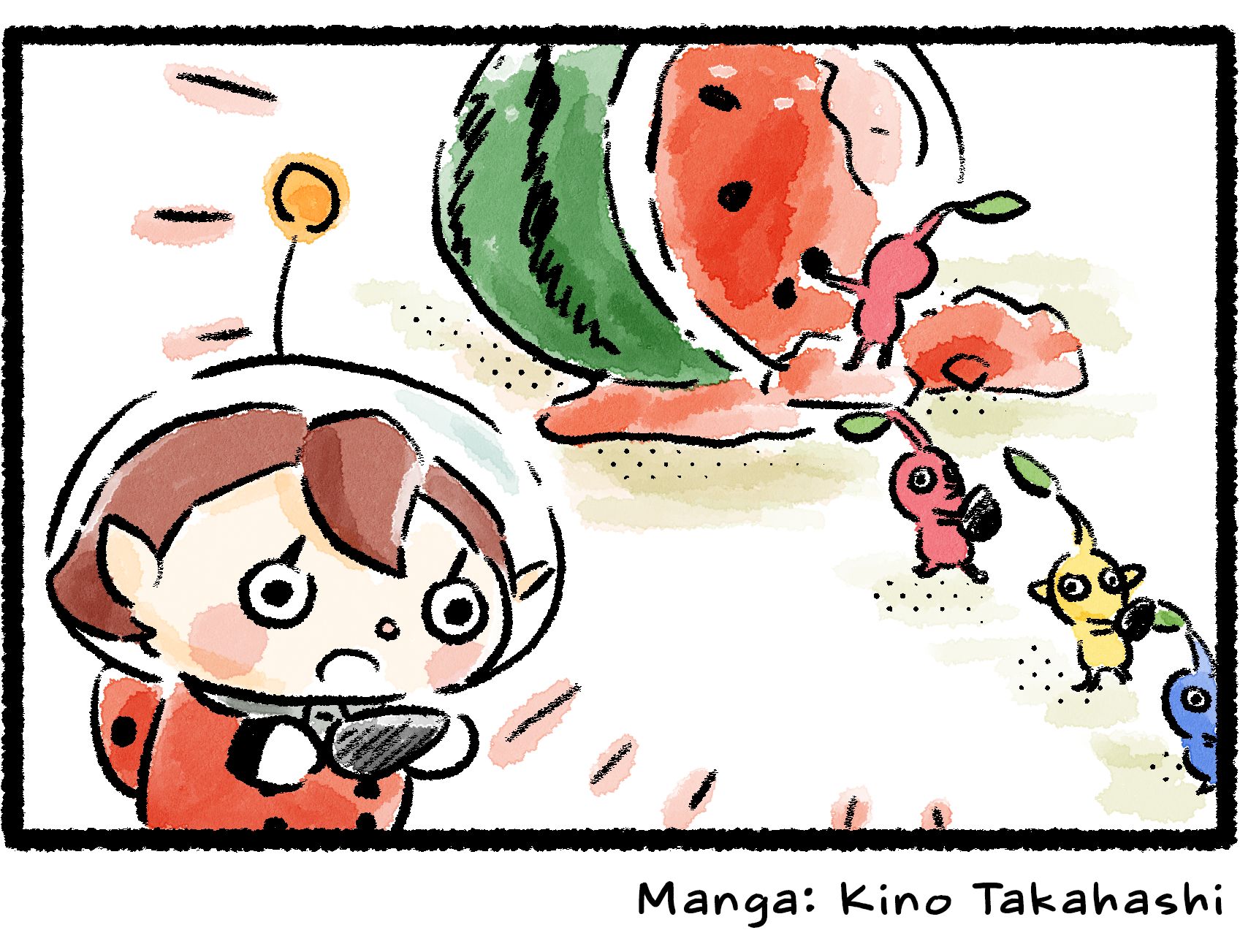 Panel four. The Rescue Officer realizes what the Pikmin are doing. They are removing the seeds from a Crimson Banquet, or what we humans would call a watermelon, and leaving the fruit behind. 