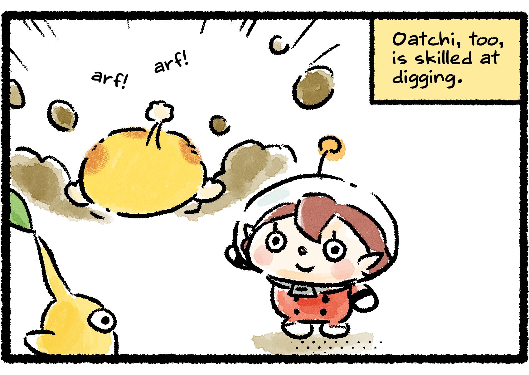 Panel two. Oatchi's hindquarters pop up out of a hole he's digging as he barks. More clods of dirt fly. An all-knowing narrator says, "Oatchi, too, is skilled at digging." The Rescue Officer waves to a Yellow Pikmin as it lets out a small squeak of alarm.