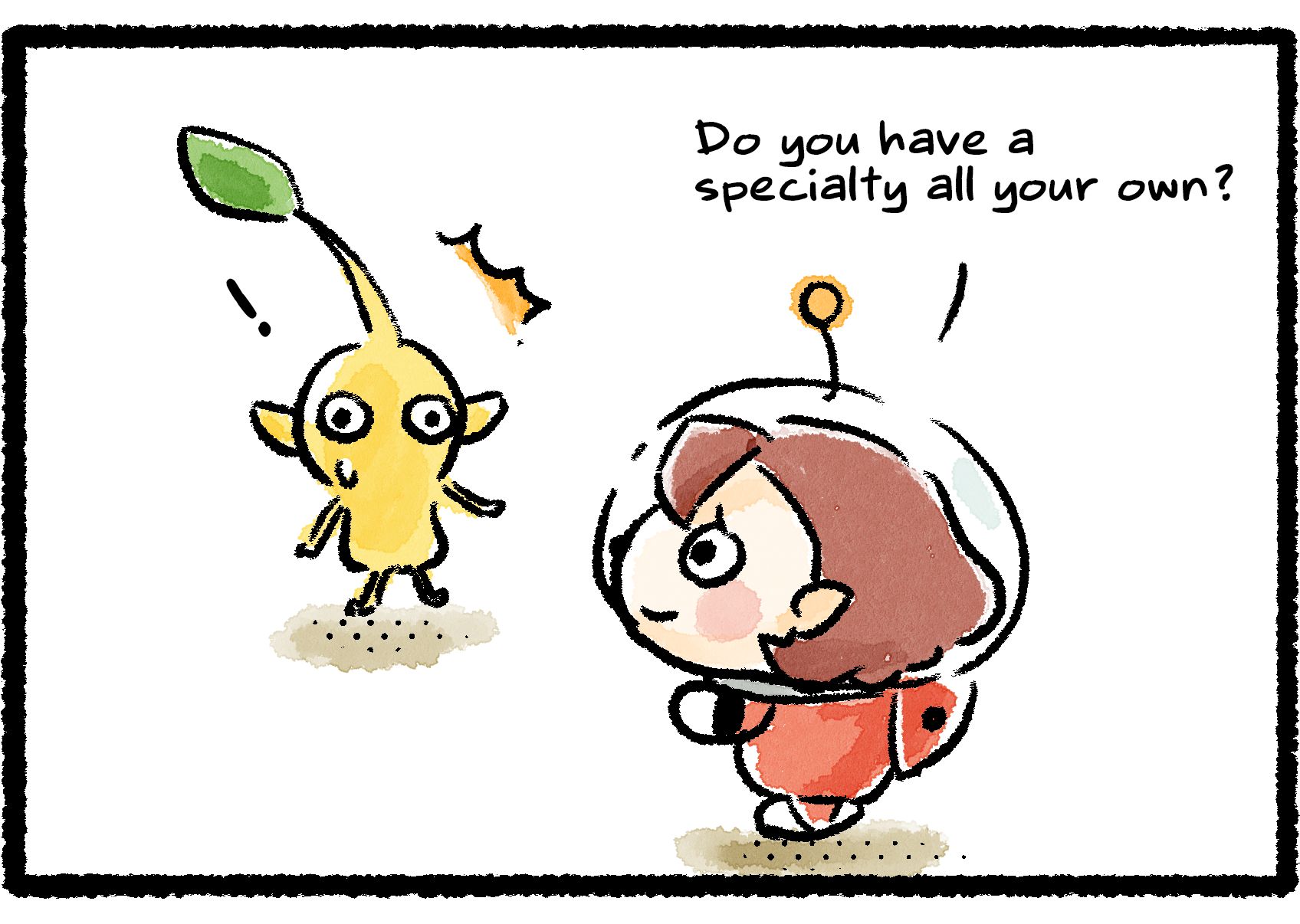 Panel three. The Rescue Officer asks the nervous-looking Yellow Pikmin, "Do you have a specialty all your own?" It seems to be caught off guard by the question.