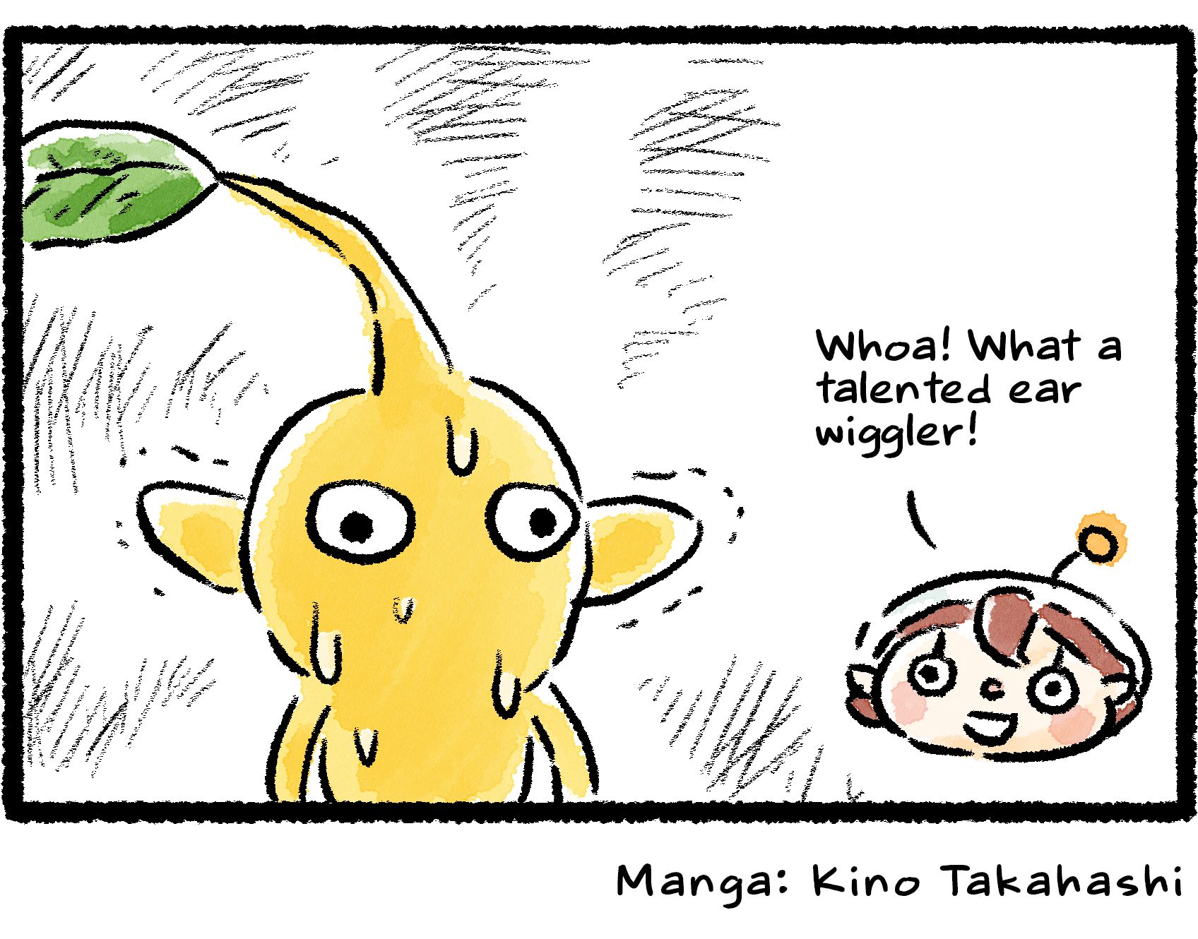 Panel four. The Yellow Pikmin panics, its face now dripping with sweat as a cloud of anxiety looms in the background around it. Motion lines around its pointy ears are visible. Impressed, the Rescue Officer says, "Whoa! What a talented ear wiggler!"