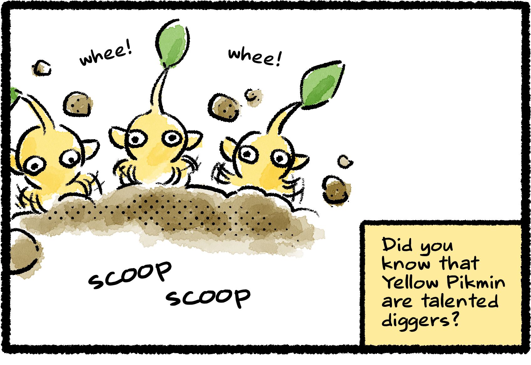 Panel one. Three Yellow Pikmin are happily digging in the soil, saying "Whee!" as clods of dirt fly around them. An all-knowing narrator asks, "Did you know that Yellow Pikmin are talented diggers?"