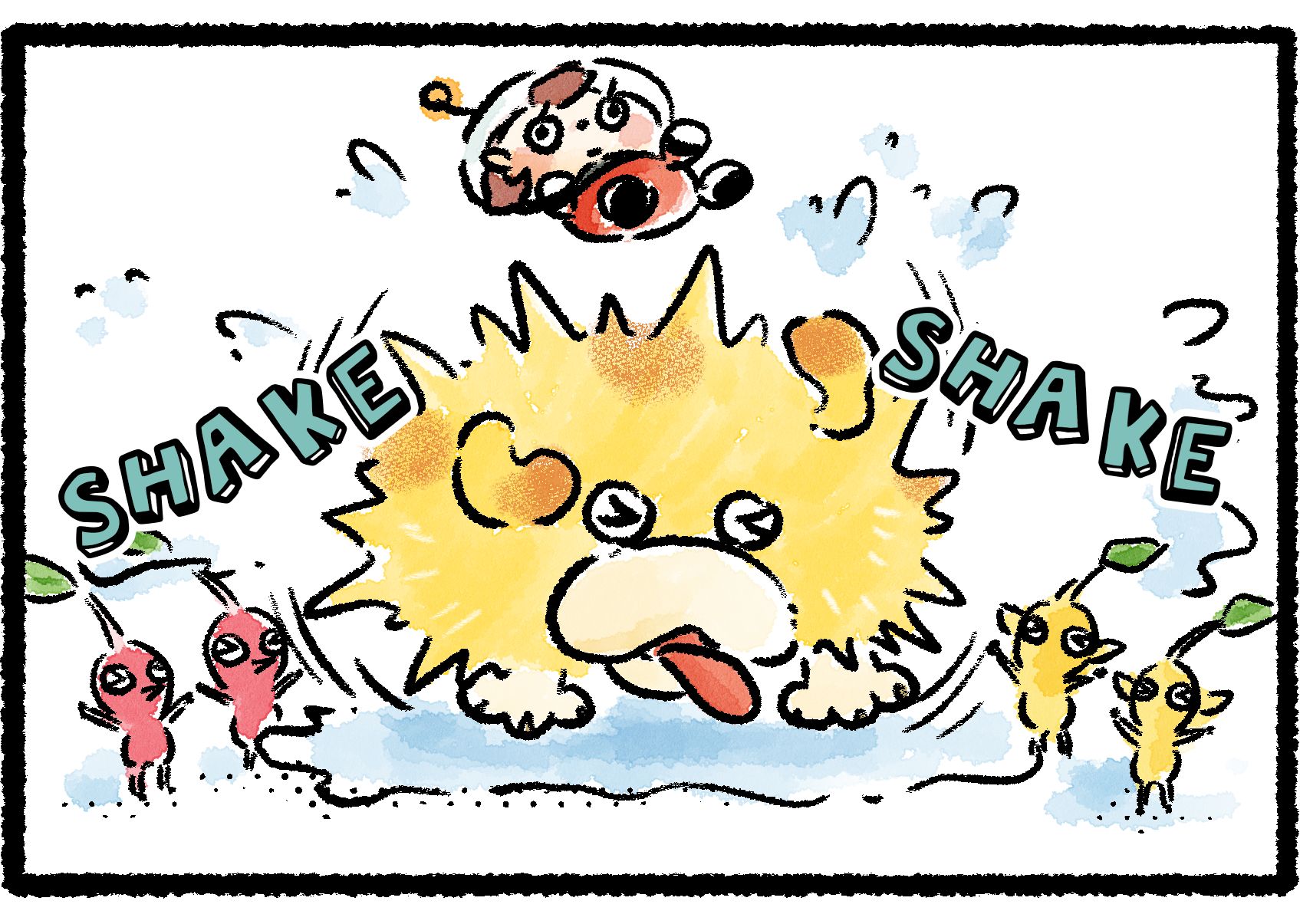 Panel three. Oatchi shakes violently back and forth to dry himself. His eyes cross, his fur floofs out, and the Rescue Officer is thrown from his back. The water he'd been soaked with flies everywhere, forming puddles around the previously dry Pikmin.