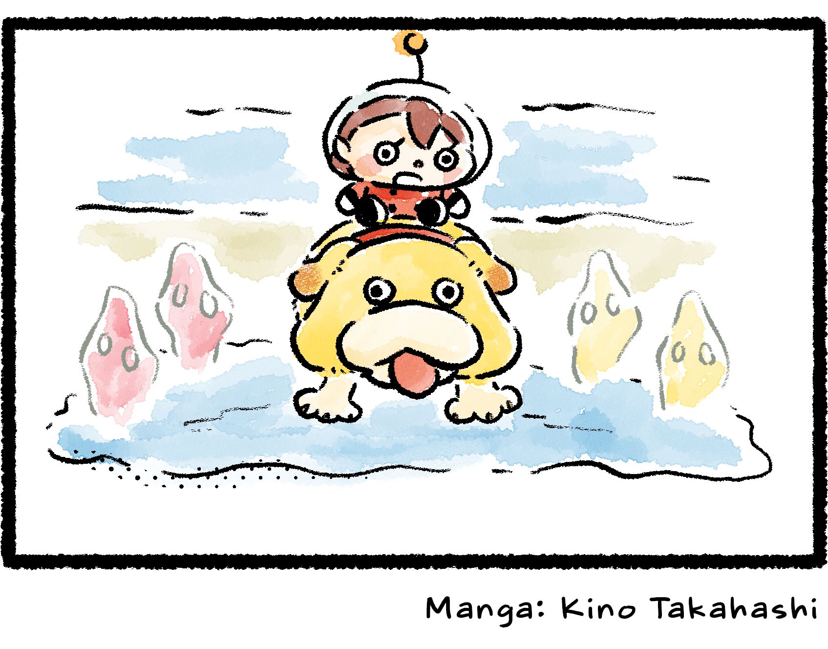 Panel four. A now dry Oatchi stares placidly forward again. The Rescue Officer on his back gives a dismayed look around her as the ghosts of the Red and Yellow Pikmin, which drowned in Oatchi's shaken-off water, slowly begin to rise.