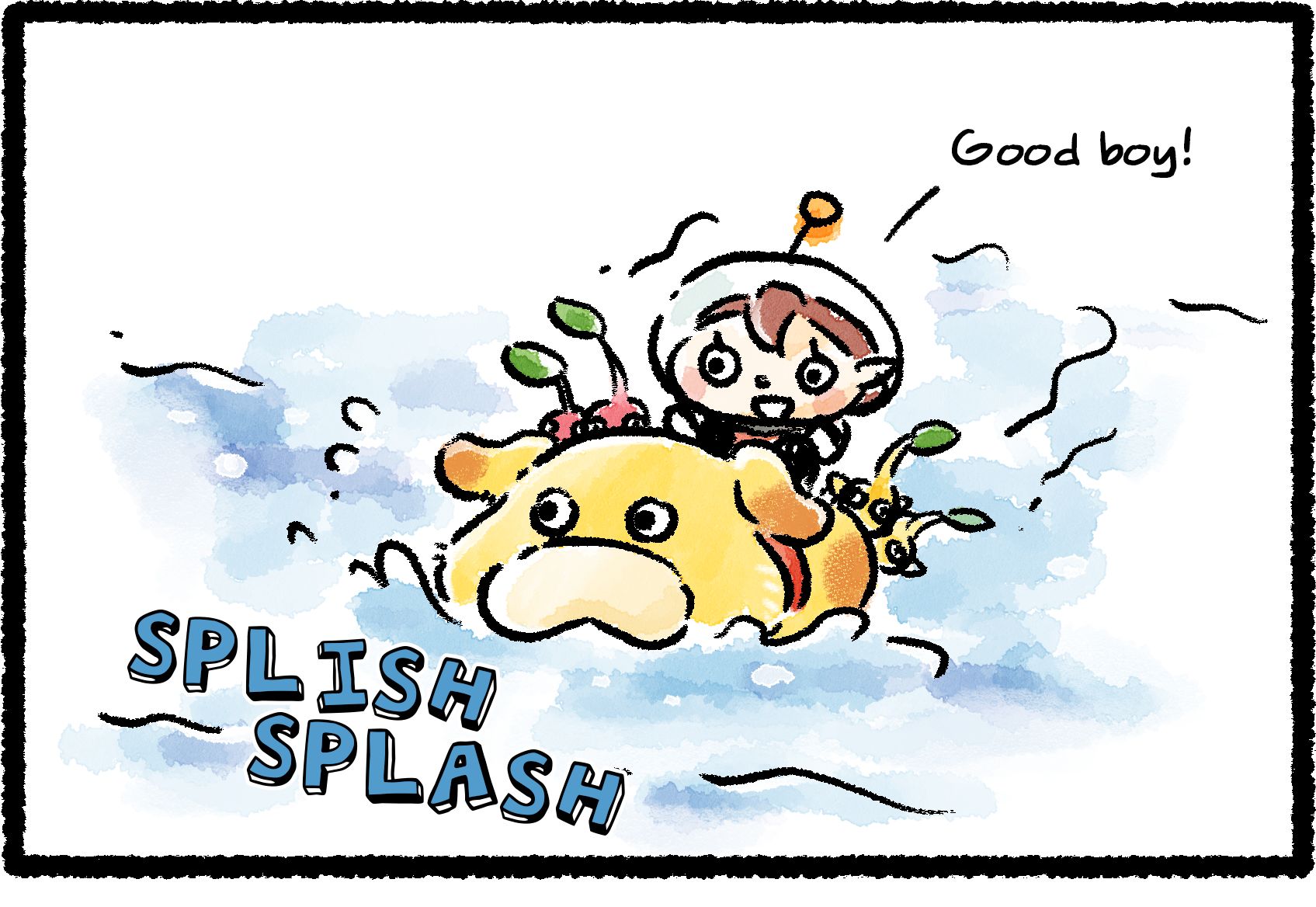 Panel one. The newbie Rescue Officer is riding atop Oatchi as he dog-paddles across a body of water. Also riding the space dog is a group of Red and Yellow Pikmin. "Good boy!" says the Rescue Officer to Oatchi, who's making splashing noises.