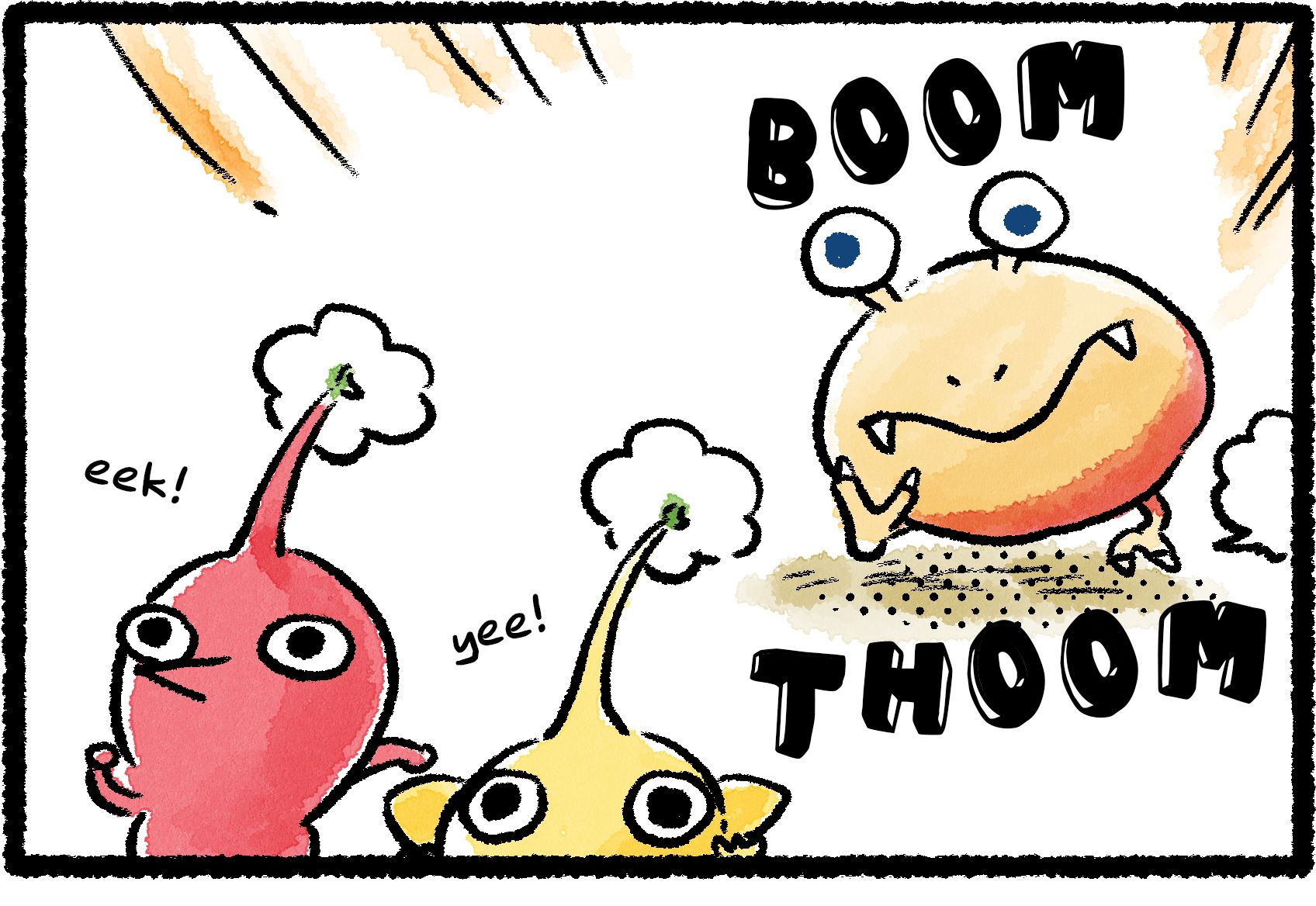 Panel one. A Red and Yellow Pikmin with flowers on their heads flee from a charging Bulborb as it chases them down. The Pikmin make squeaking noises while the Bulborb's heavy footsteps make a BOOM and THOOM sound.