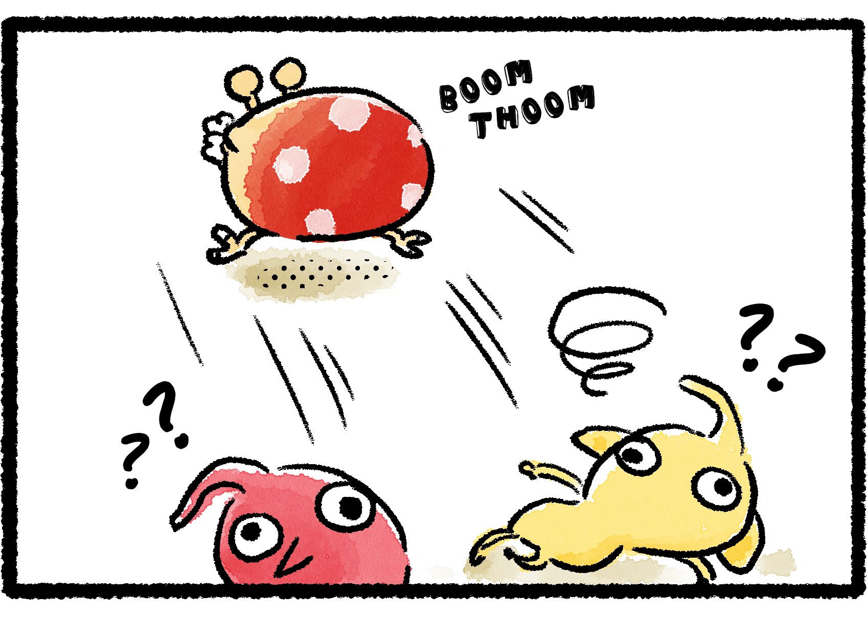 Panel three. The Red and Yellow Pikmin lie disoriented on the floor, spirals and question marks over their heads. Behind them, the Bulborb charges off again. In its mouth, it carries the flowers it ripped off of the Pikmin's head stalks.