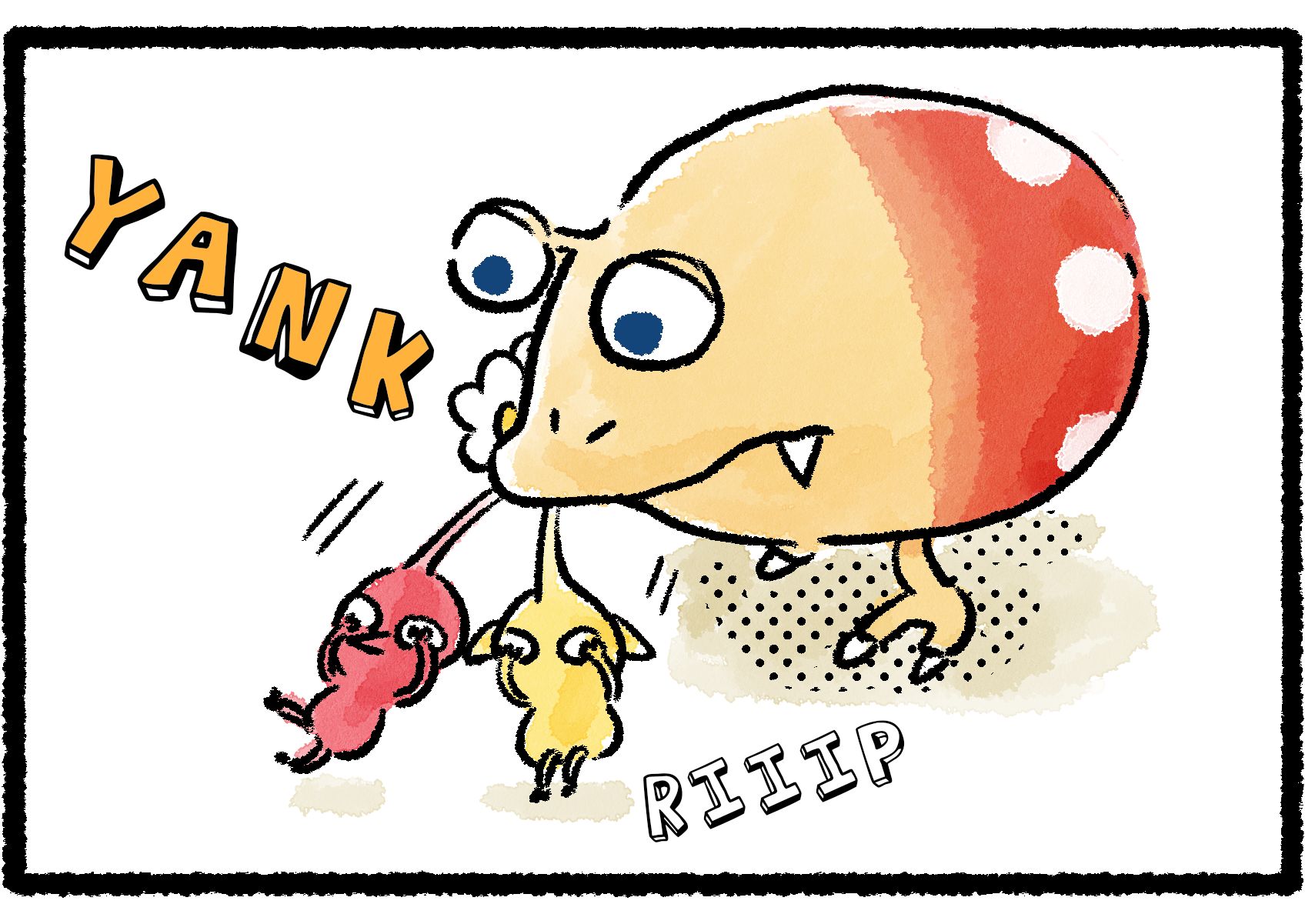 Panel two. The Bulborb has caught up to the Red and Yellow Pikmin. It bites down on the flowers atop their heads, there's a ripping sound from the Pikmin's stalks as they put their hands over their heads, preparing to be chewed alive.
