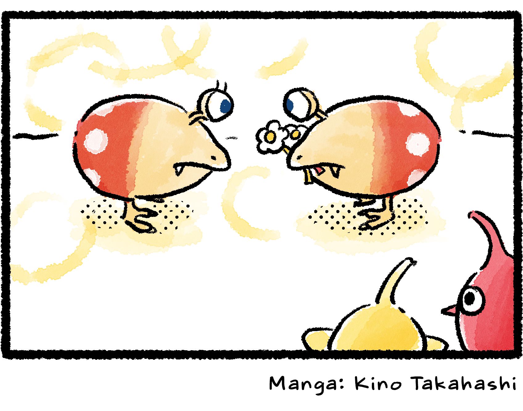 Panel four. The bewildered Red and Yellow Pikmin watch as the Bulborb takes the flowers it pulled from their heads and presents them, still in its mouth, to another of its species. The air appears to gleam and shimmer with...love?