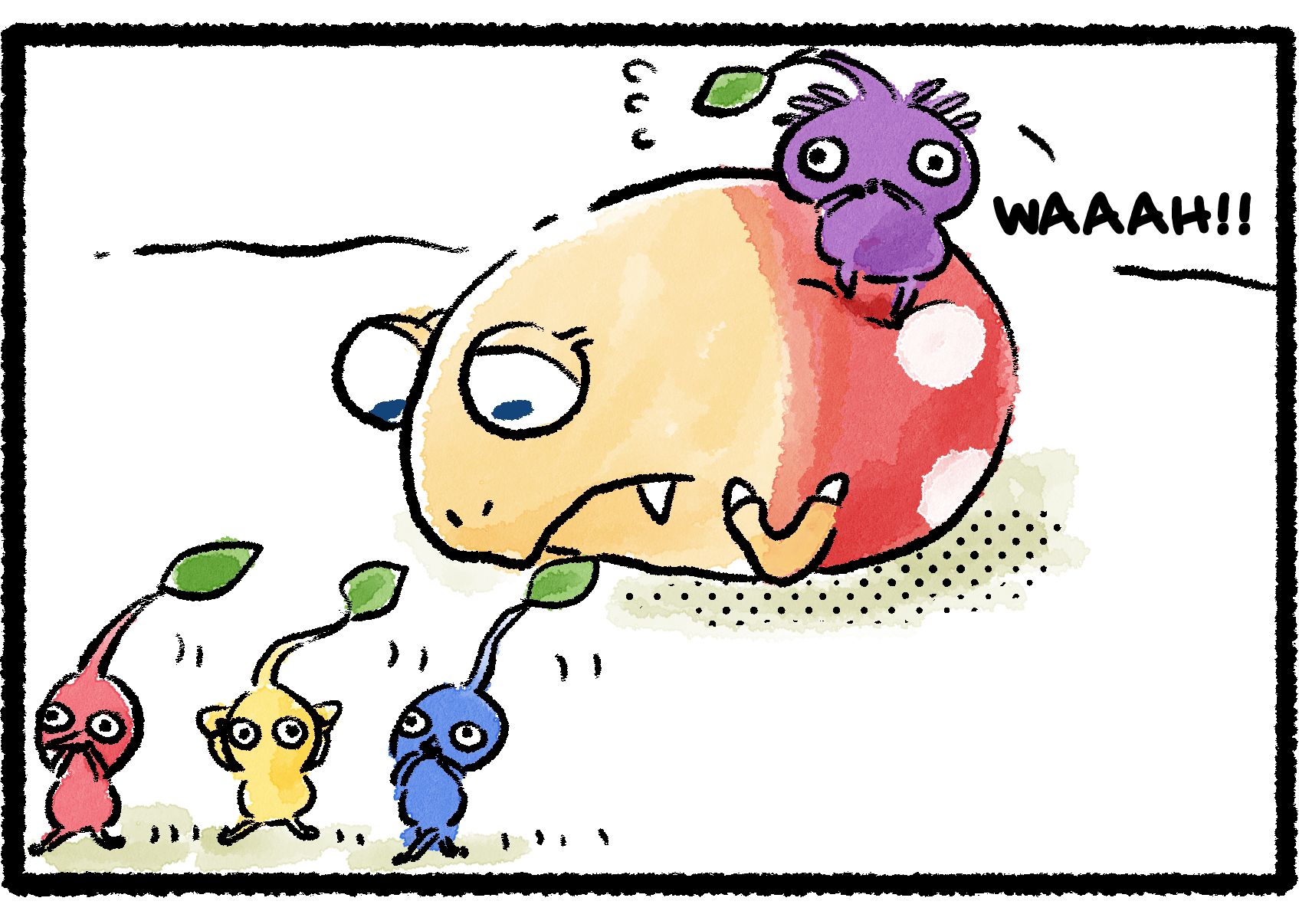 Panel three. The Red, Yellow, and Blue Pikmin have almost made it to safety. However, the Purple Pikmin has elected to climb on the Bulborb's back and call out, "WAAAH!" out of frustration that it was left behind.