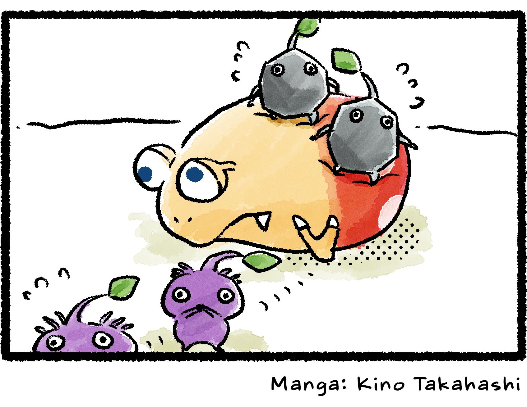Panel four. A pair of Purple Pikmin scurry toward the departed group. Replacing them on the Bulborb's back is a pair of Rock Pikmin. The now awake Bulborb seems to be nonplussed at being used as a jungle gym by a succession of heavy Pikmin.