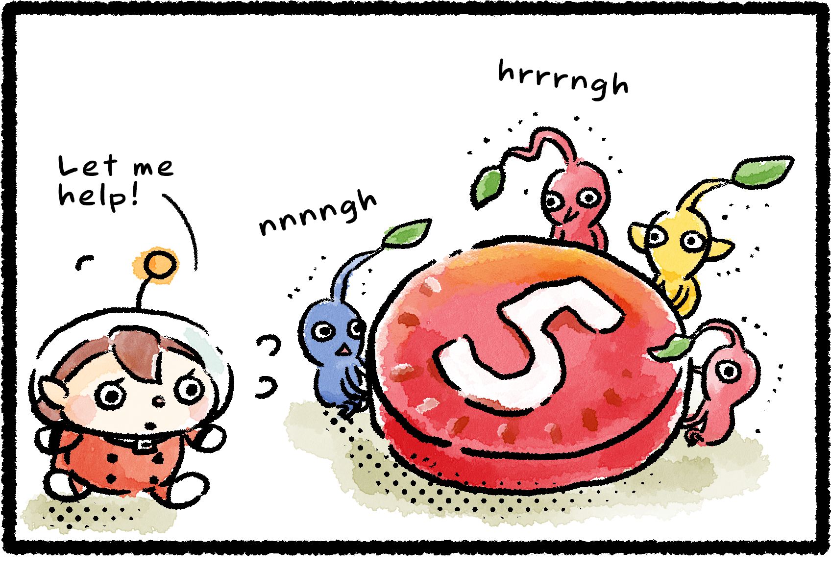 Panel one. The newbie Rescue Officer strolls on to the scene as a small group of Pikmin struggle to lift a pellet marked "5" from the ground, making little noises of exertion. "Let me help!" says the Rescue Officer, rushing to ease their burden.