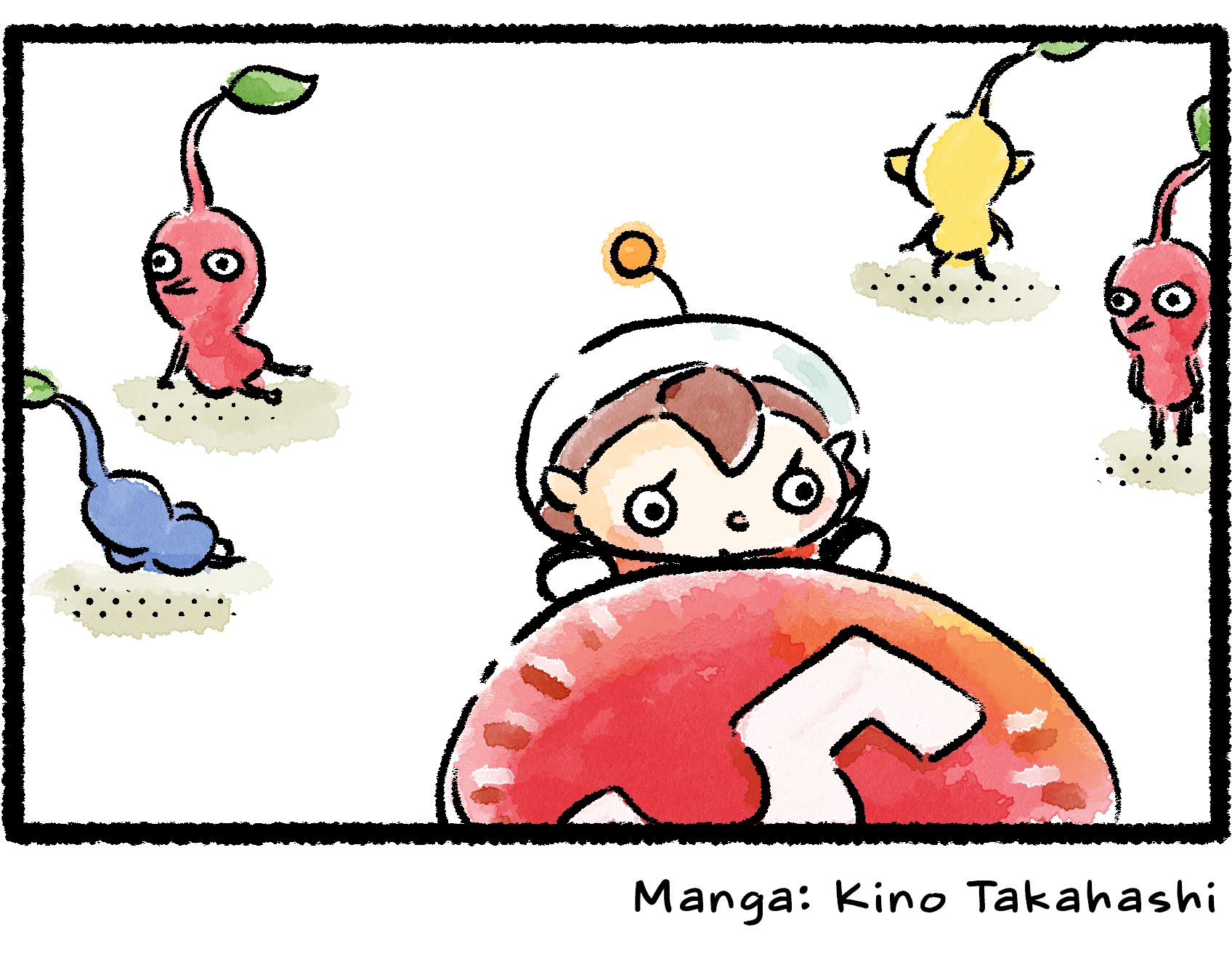 Panel four. The Pikmin begin to wander off, leaving the chagrined Rescue Officer alone to stew with her thoughts as she stares into the distance.