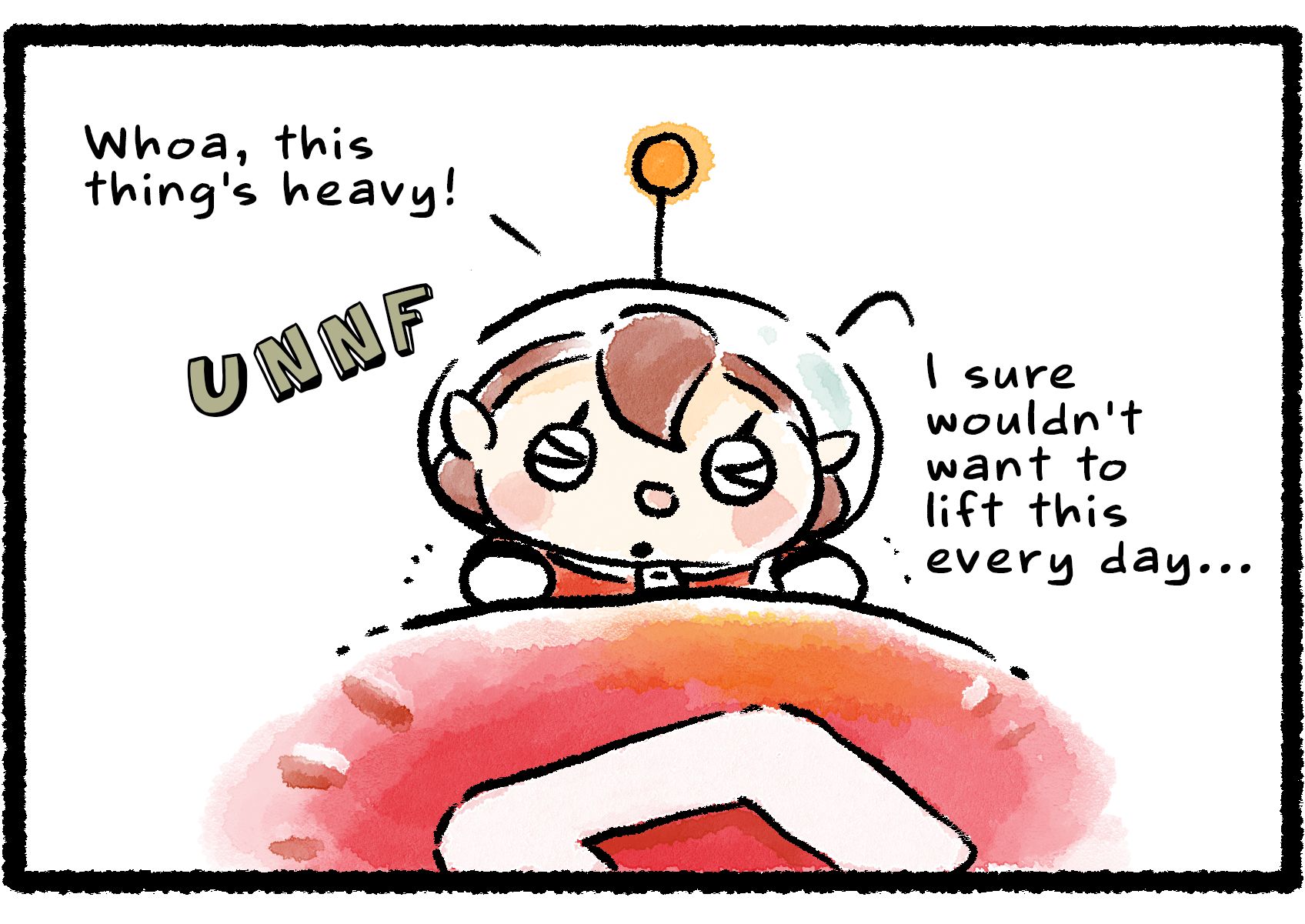 Panel two. We narrow in on the Rescue Officer's perspective. "Unnf," she grunts, finding the pellet unexpectedly difficult to lift. "Whoa, this thing's heavy!" she says out loud as she strains to pick it up. "I sure wouldn't want to lift this every day..."