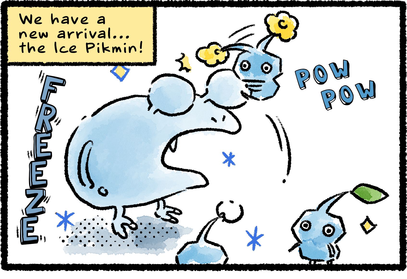 "Pow pow!" A light-blue, almost crystal-shaped Pikmin topped with a yellow blossom fights off a Bulborb, freezing the entire creature in place. Two similarly shaped Pikmin look on. An all-knowing narrator states, "We have a new arrival...the Ice Pikmin!"