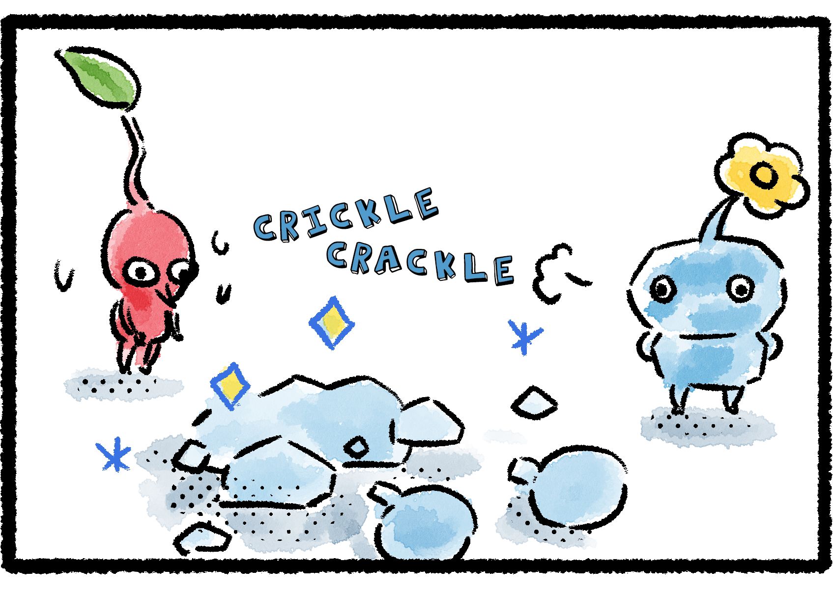 Panel three. A Red Pikmin gazes at the pile of now melting ice and sweats nervously. The battle-weathered Ice Pikmin stands close by, catching its breath.