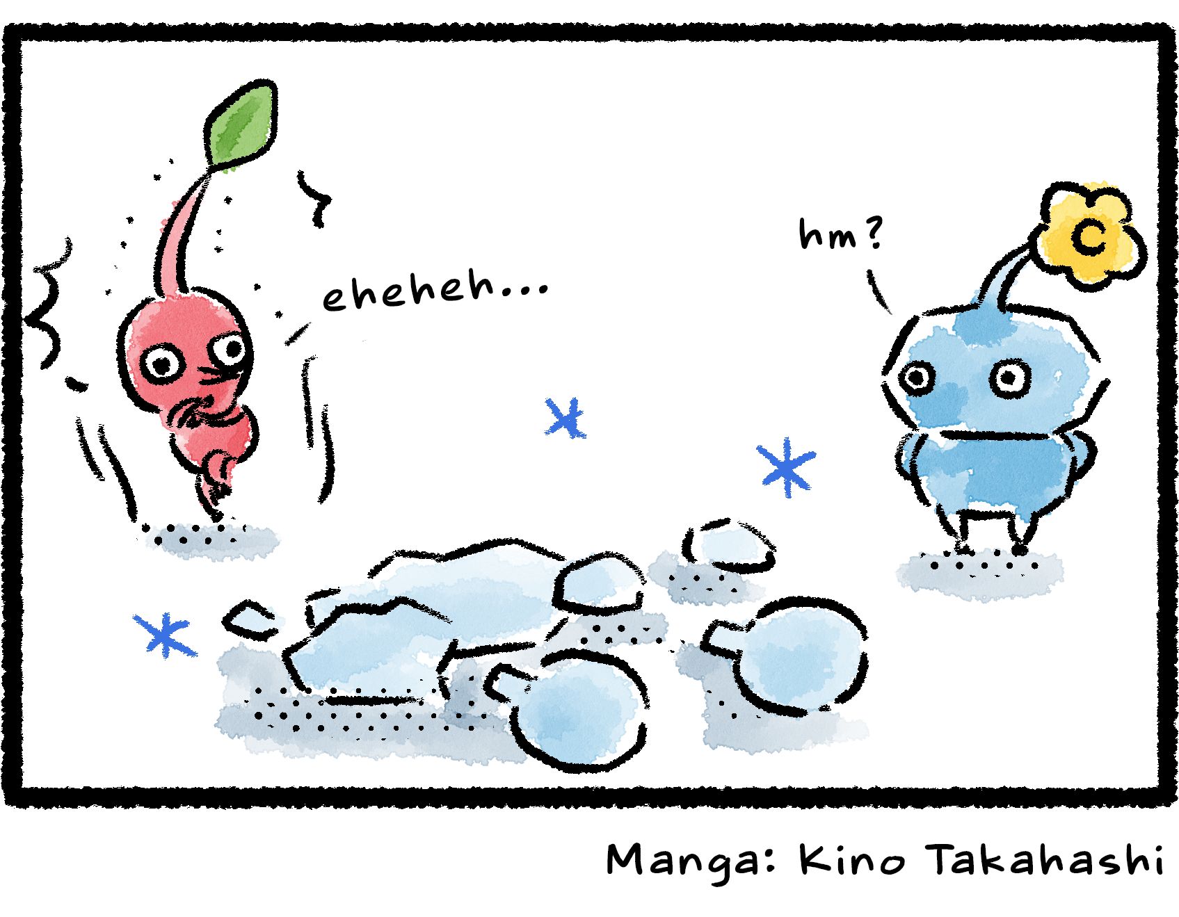 Panel four. The Ice Pikmin shifts its gaze to the Red Pikmin with an inquiring, "Hm?" The Red Pikmin laughs nervously. It does not want to get on this Ice Pikmin's bad side.
