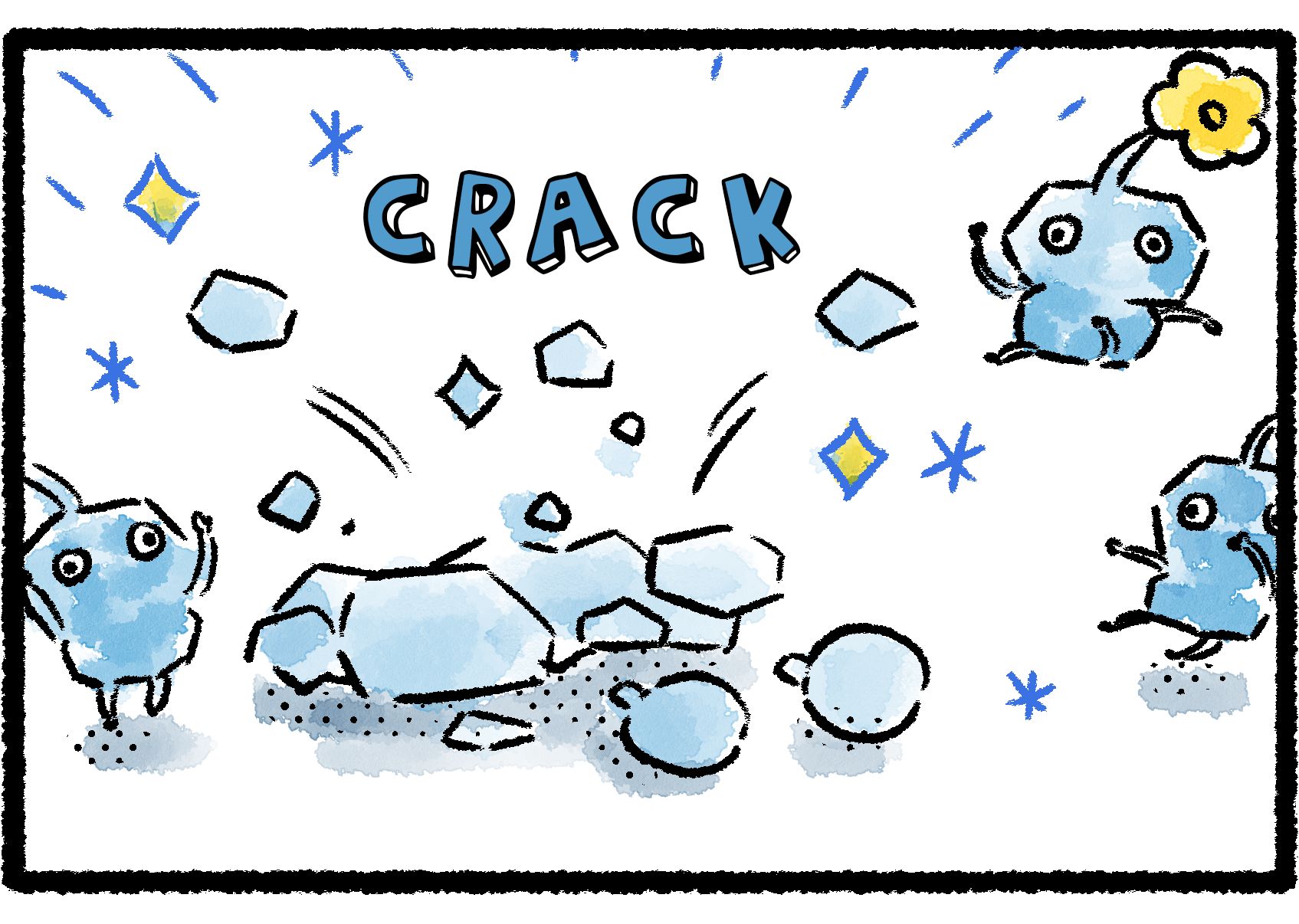 Panel two. The battling Ice Pikmin delivers one final blow to the frozen Bulborb, shattering it into pieces. CRACK! The two other Ice Pikmin cheer from the sidelines.