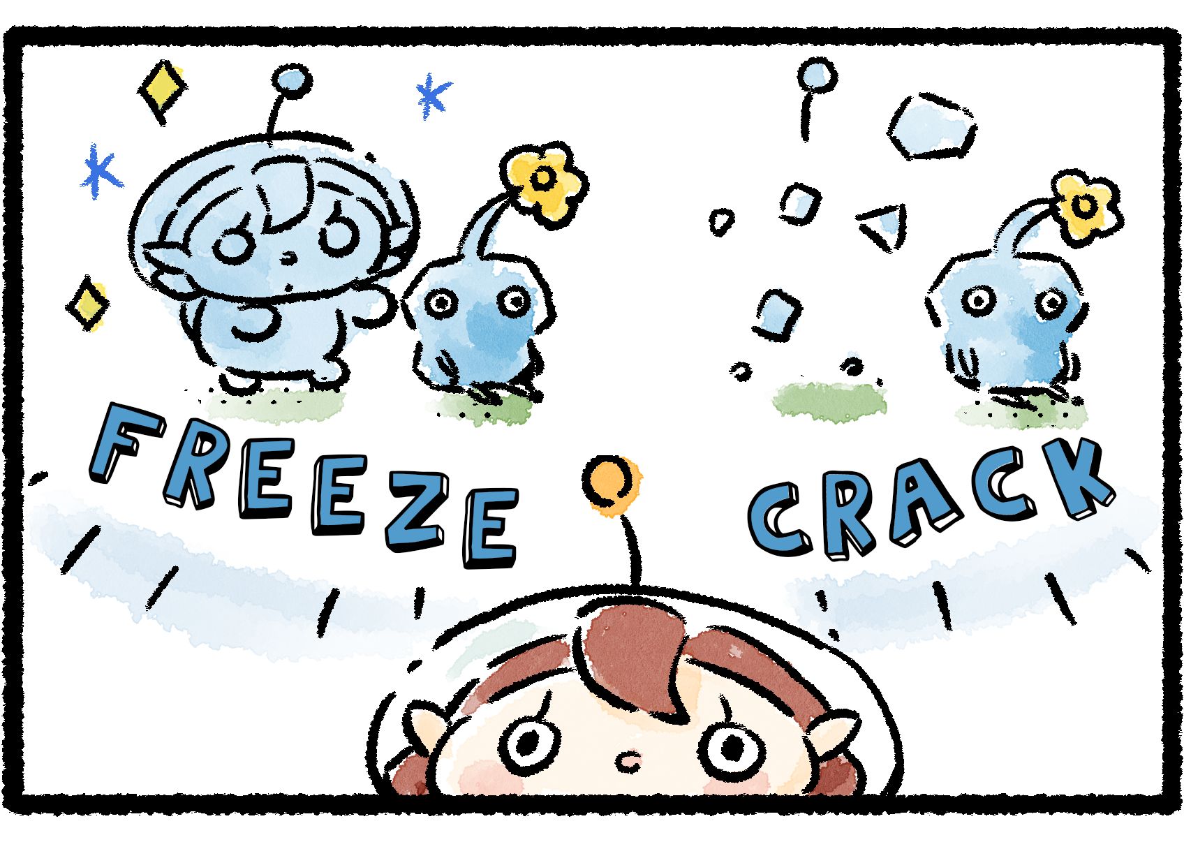 Panel two. The Rescue Officer's imagination takes hold. She imagines that she gets so close to the Ice Pikmin that she freezes solid and eventually CRACKS into shards of ice. "Eek," she yells.